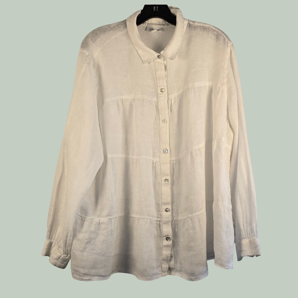 J. Jill White Lightweight Button Love Linen Blouse Boho Prairie Cottagecore